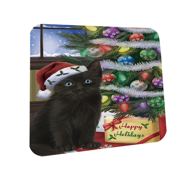 Christmas Happy Holidays Black Cat with Tree and Presents Coasters Set of 4 CST53402