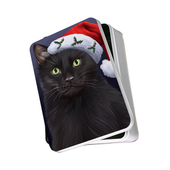 Christmas Holidays Black Cat Wearing Santa Hat Portrait Head Photo Storage Tin PITN53492