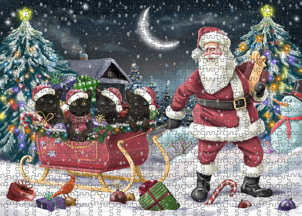 Santa Sled Dogs Christmas Happy Holidays Black Cats Puzzle  PUZL59232