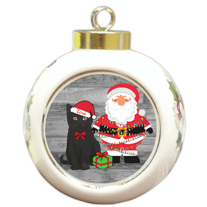 Custom Personalized Black Cat With Santa Wrapped in Light Christmas Round Ball Ornament