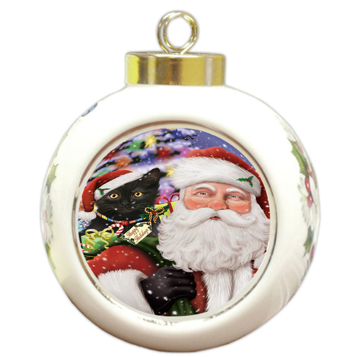 Santa Carrying Black Cat and Christmas Presents Round Ball Christmas Ornament RBPOR53675