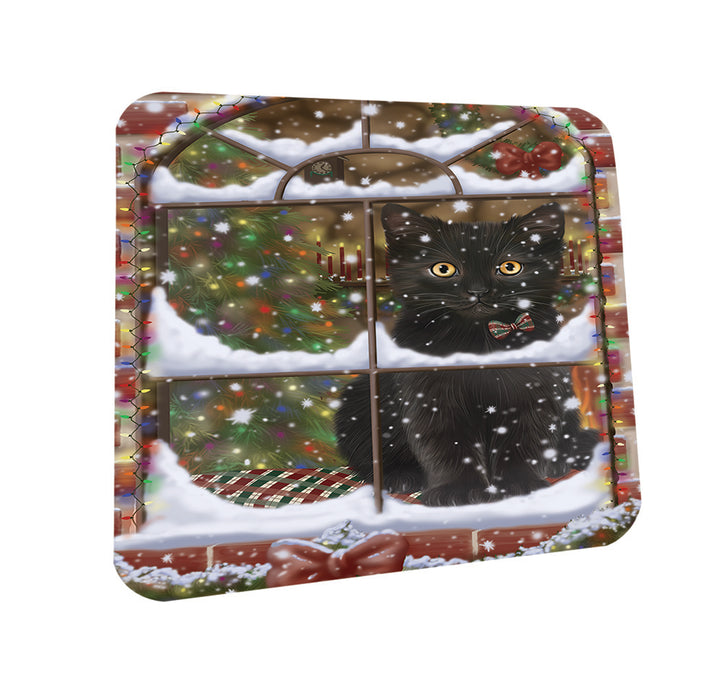Please Come Home For Christmas Black Cat Sitting In Window Coasters Set of 4 CST53576