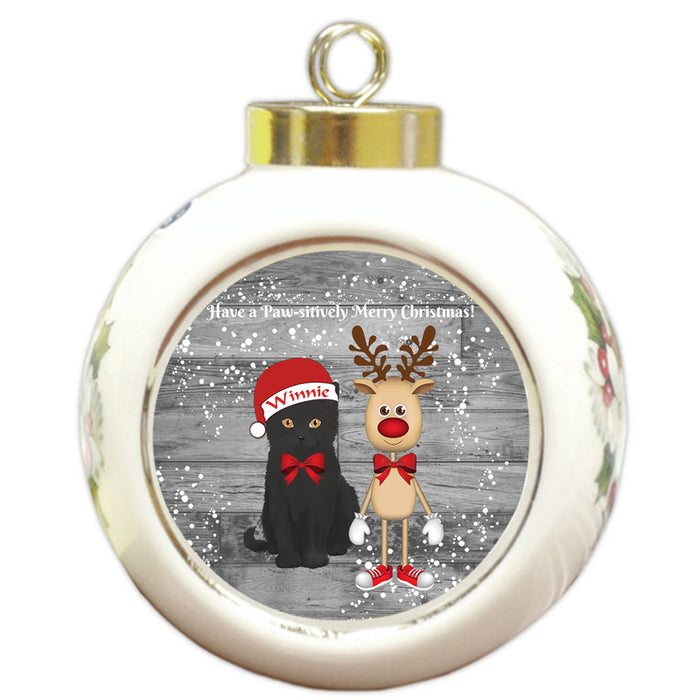 Custom Personalized Black Cat Reindeer and Pooch Christmas Round Ball Ornament