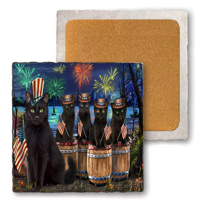 4th of July Independence Day Firework Black Cats Set of 4 Natural Stone Marble Tile Coasters MCST49108