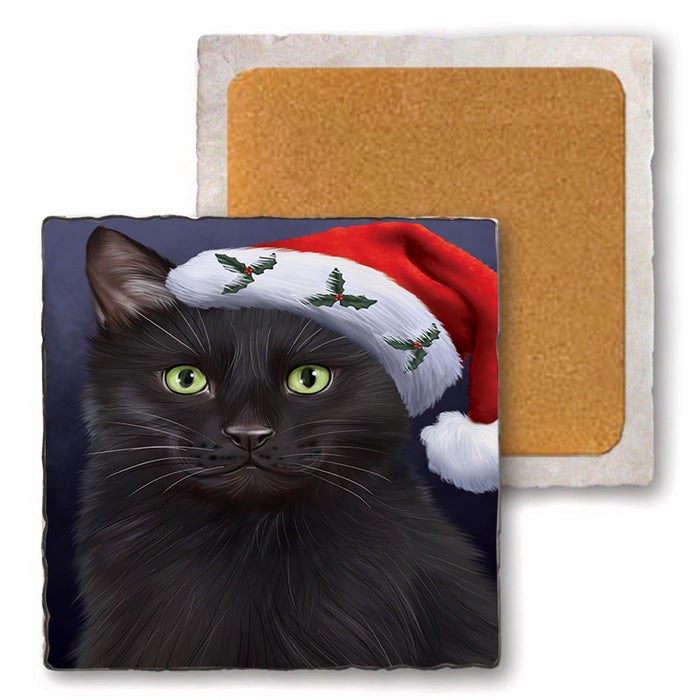 Christmas Holidays Black Cat Wearing Santa Hat Portrait Head Set of 4 Natural Stone Marble Tile Coasters MCST48492