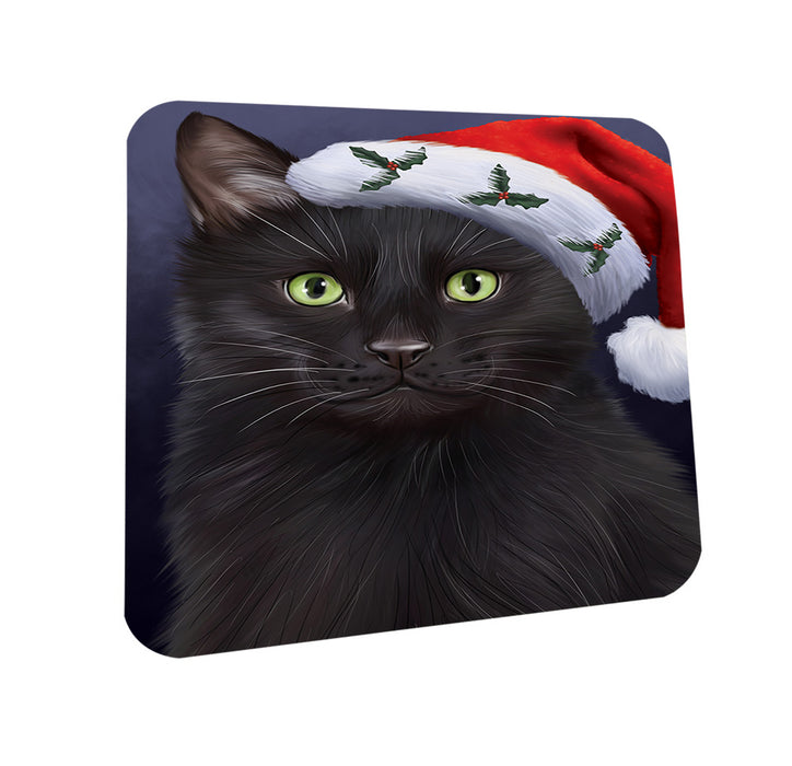 Christmas Holidays Black Cat Wearing Santa Hat Portrait Head Coasters Set of 4 CST53450