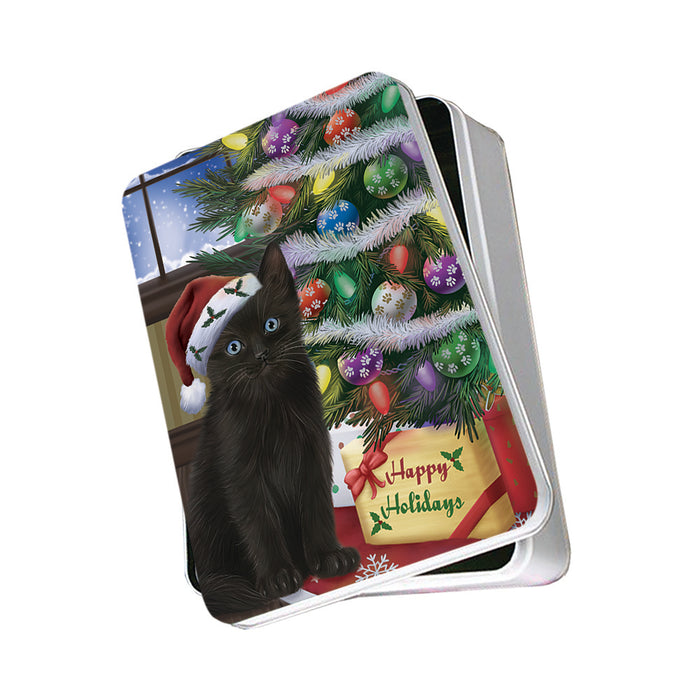 Christmas Happy Holidays Black Cat with Tree and Presents Photo Storage Tin PITN53444