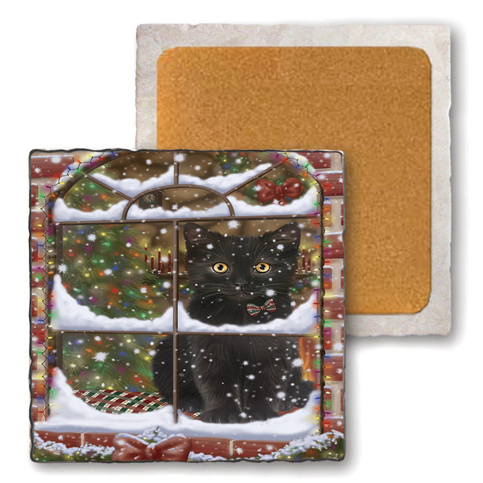 Please Come Home For Christmas Black Cat Sitting In Window Set of 4 Natural Stone Marble Tile Coasters MCST48618