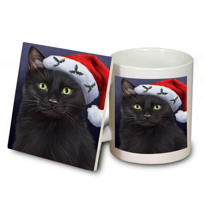Christmas Holidays Black Cat Wearing Santa Hat Portrait Head Mug and Coaster Set MUC53484