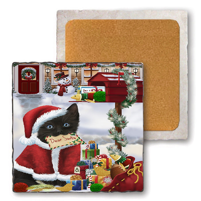 Black Cat Dear Santa Letter Christmas Holiday Mailbox Set of 4 Natural Stone Marble Tile Coasters MCST48525