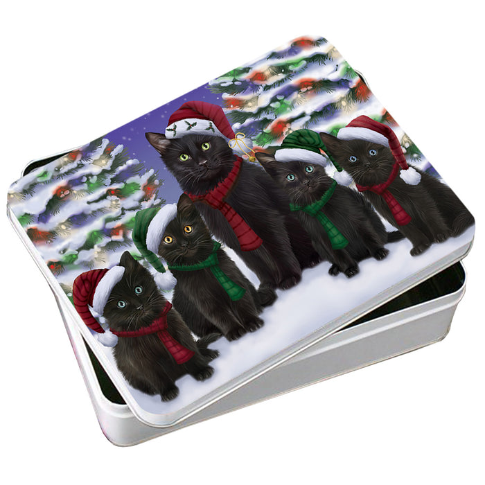 Black Cats Christmas Family Portrait in Holiday Scenic Background Photo Storage Tin PITN52708