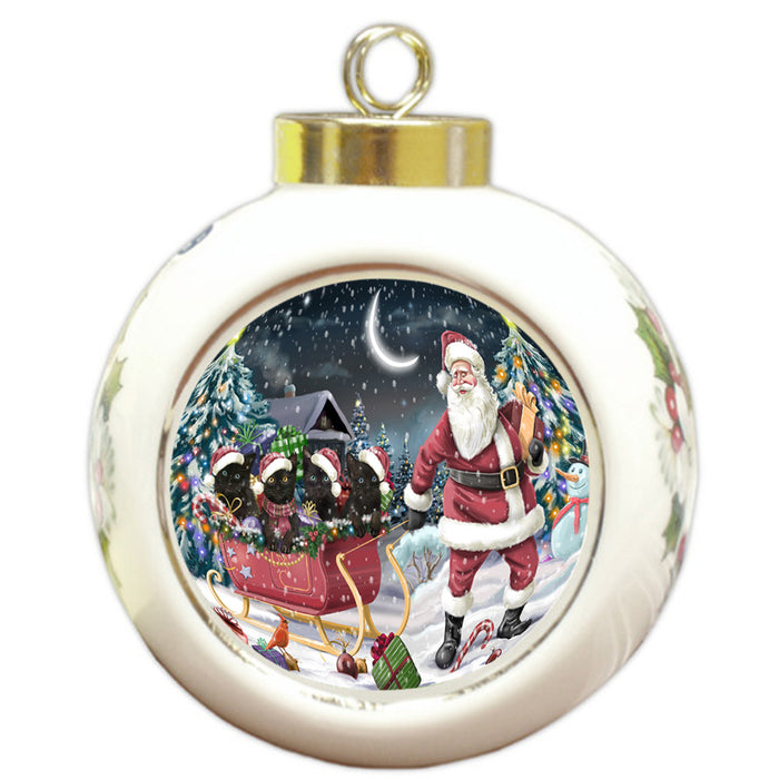 Santa Sled Dogs Christmas Happy Holidays Black Cats Round Ball Christmas Ornament RBPOR51715