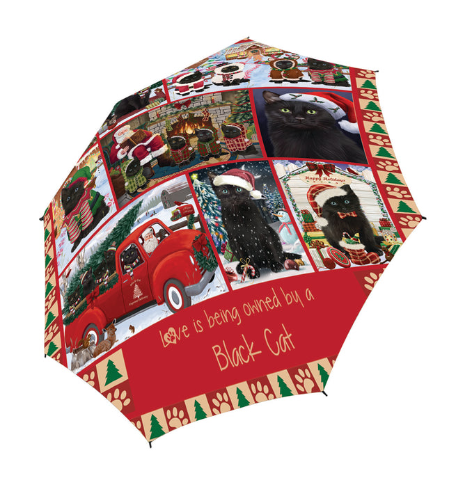 Love is Being Owned Christmas Black Cats Semi-Automatic Foldable Umbrella