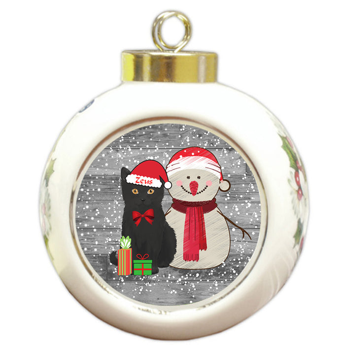 Custom Personalized Snowy Snowman and Black Cat Christmas Round Ball Ornament