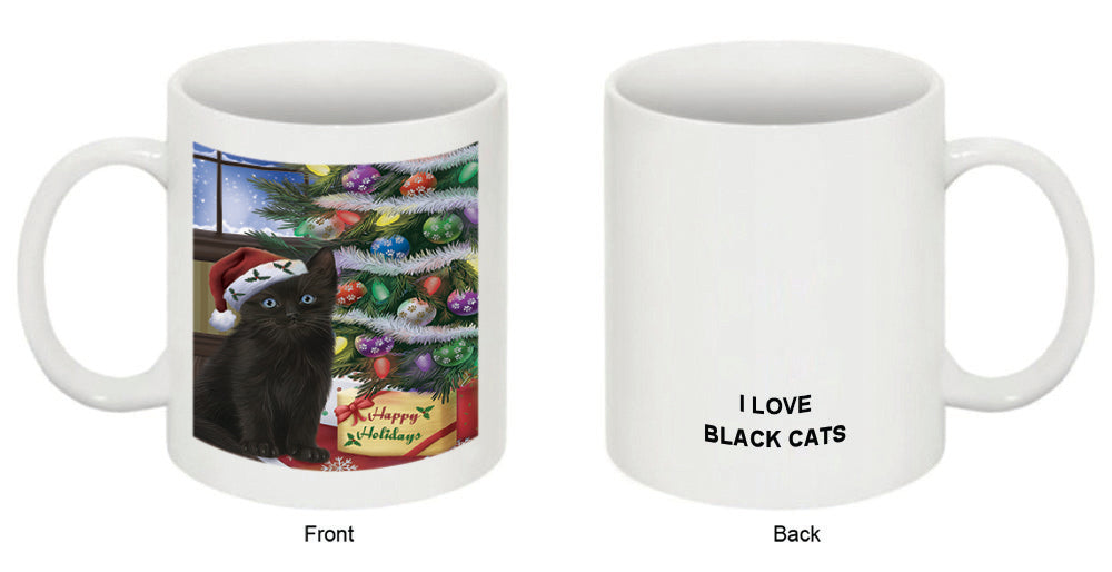 Christmas Happy Holidays Black Cat with Tree and Presents Coffee Mug MUG48842