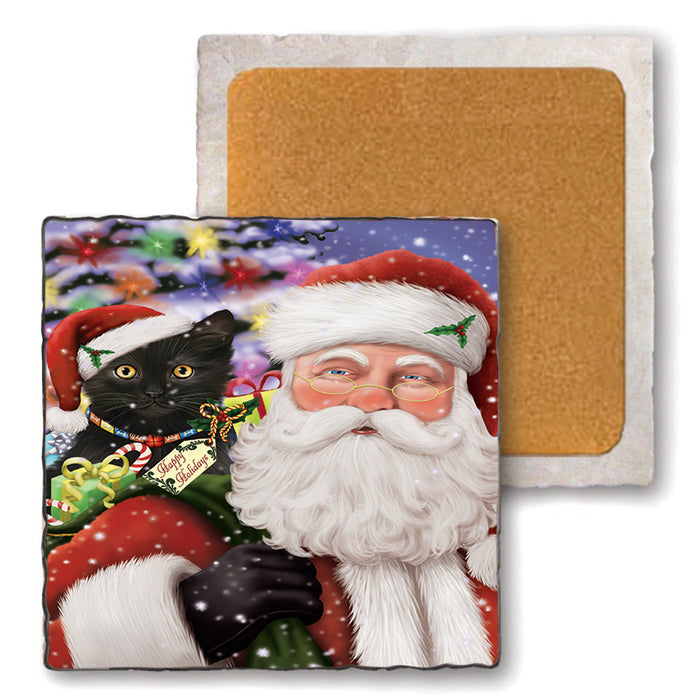 Santa Carrying Black Cat and Christmas Presents Set of 4 Natural Stone Marble Tile Coasters MCST48675