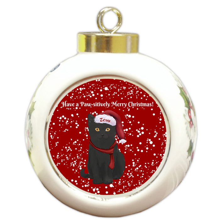 Custom Personalized Pawsitively Black Cat Merry Christmas Round Ball Ornament