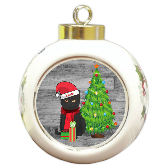Custom Personalized Black Cat With Tree and Presents Christmas Round Ball Ornament