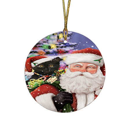 Santa Carrying Black Cat and Christmas Presents Round Flat Christmas Ornament RFPOR53666