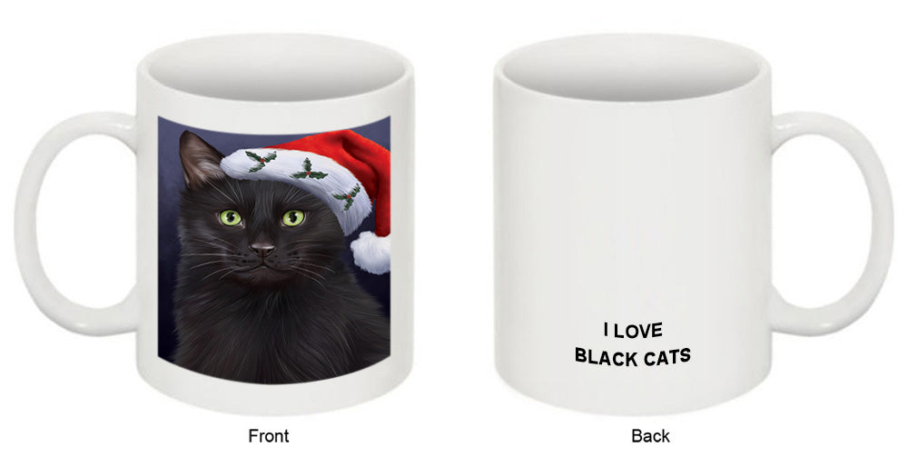 Christmas Holidays Black Cat Wearing Santa Hat Portrait Head Coffee Mug MUG48890