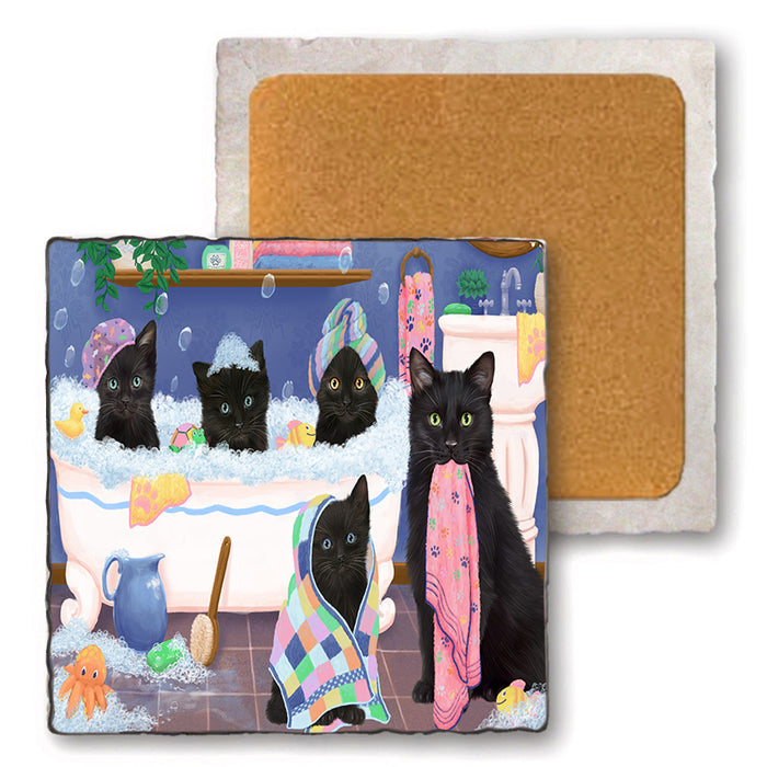 Rub A Dub Dogs In A Tub Black Cats Set of 4 Natural Stone Marble Tile Coasters MCST51767