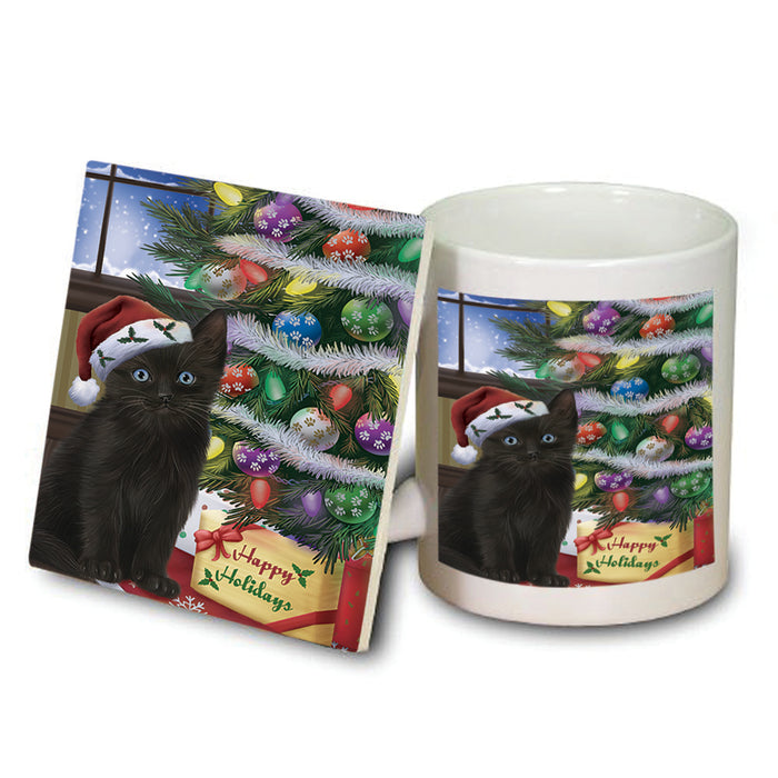 Christmas Happy Holidays Black Cat with Tree and Presents Mug and Coaster Set MUC53436