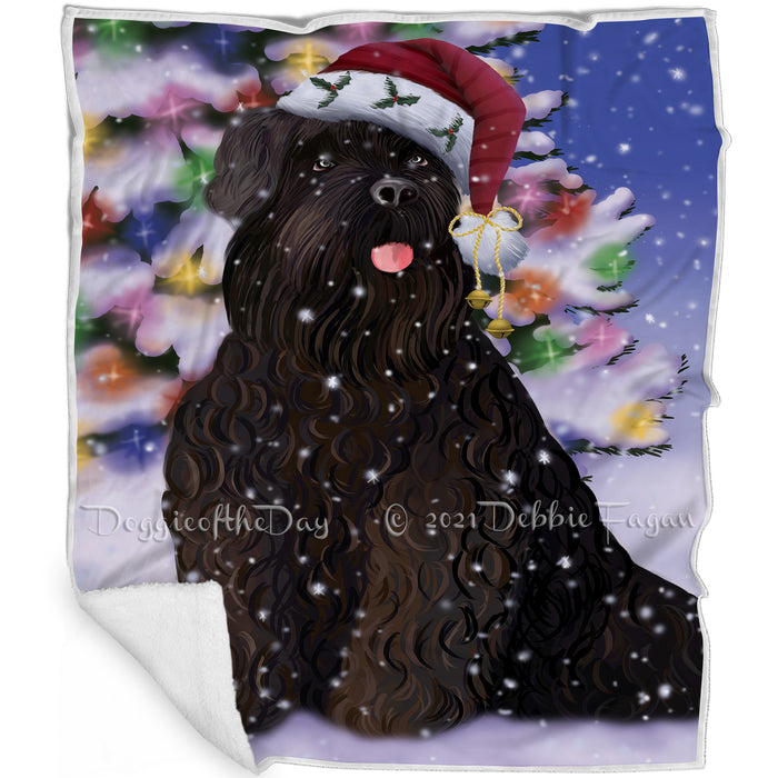 Winterland Wonderland Black Russian Terrier Dog In Christmas Holiday Scenic Background Blanket BLNKT120612