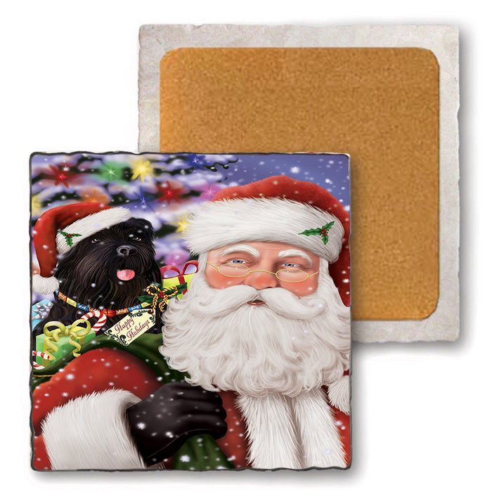 Santa Carrying Black Russian Terrier Dog and Christmas Presents Set of 4 Natural Stone Marble Tile Coasters MCST50489
