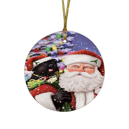Santa Carrying Black Russian Terrier Dog and Christmas Presents Round Flat Christmas Ornament RFPOR55845