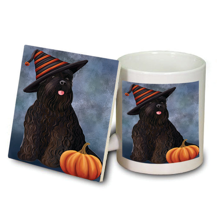 Happy Halloween Black Russian Terrier Dog Wearing Witch Hat with Pumpkin Mug and Coaster Set MUC54857