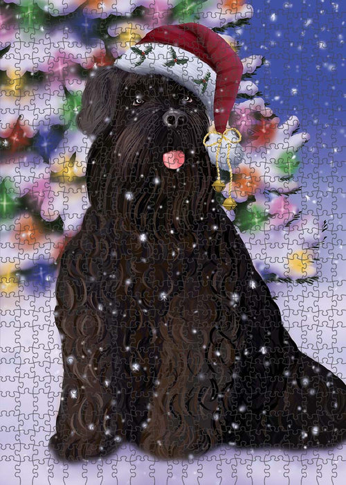 Winterland Wonderland Black Russian Terrier Dog In Christmas Holiday Scenic Background Puzzle with Photo Tin PUZL90956