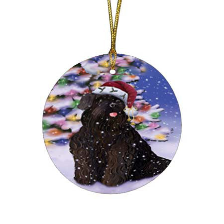 Winterland Wonderland Black Russian Terrier Dog In Christmas Holiday Scenic Background Round Flat Christmas Ornament RFPOR56044