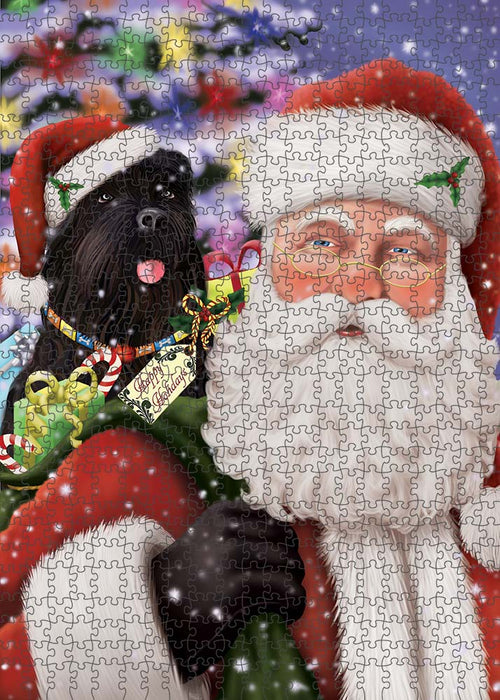 Santa Carrying Black Russian Terrier Dog and Christmas Presents Puzzle with Photo Tin PUZL90160