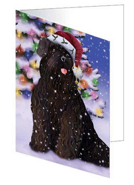 Winterland Wonderland Black Russian Terrier Dog In Christmas Holiday Scenic Background Handmade Artwork Assorted Pets Greeting Cards and Note Cards with Envelopes for All Occasions and Holiday Seasons GCD71579