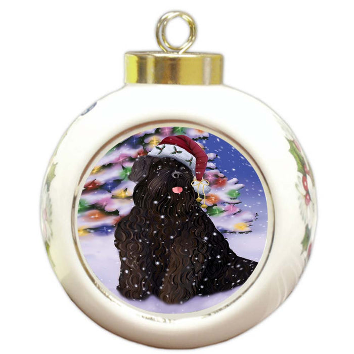 Winterland Wonderland Black Russian Terrier Dog In Christmas Holiday Scenic Background Round Ball Christmas Ornament RBPOR56044