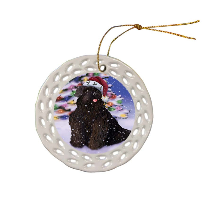 Winterland Wonderland Black Russian Terrier Dog In Christmas Holiday Scenic Background Ceramic Doily Ornament DPOR56044