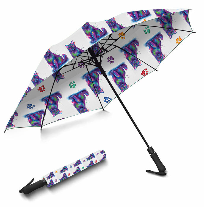 Watercolor Mini Black CatsSemi-Automatic Foldable Umbrella