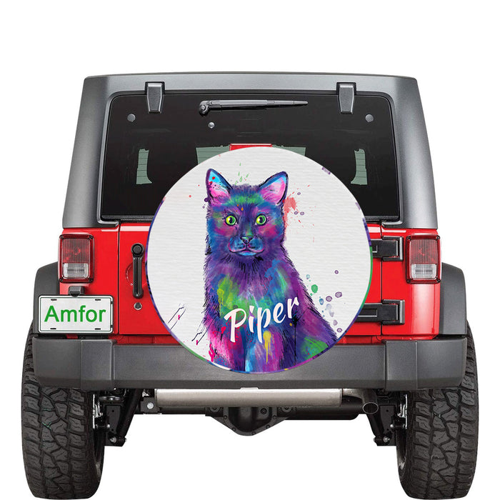 Custom Pet Name Personalized Watercolor Black Cat Car Tire Cover