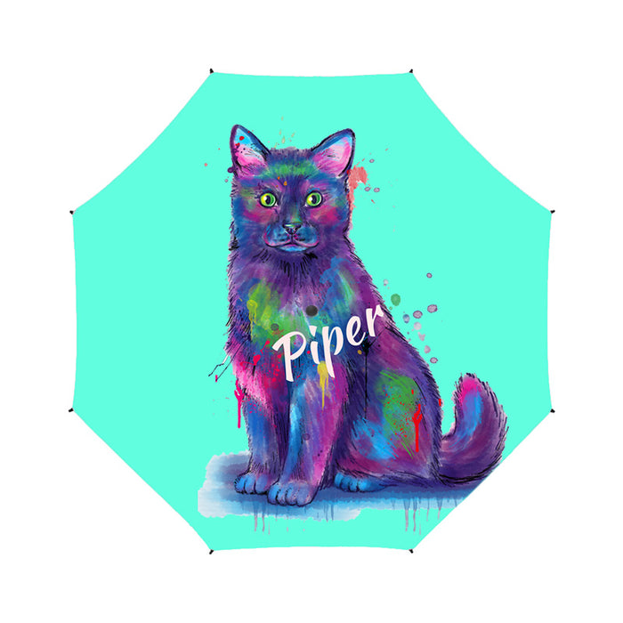 Custom Pet Name Personalized Watercolor Black CatSemi-Automatic Foldable Umbrella