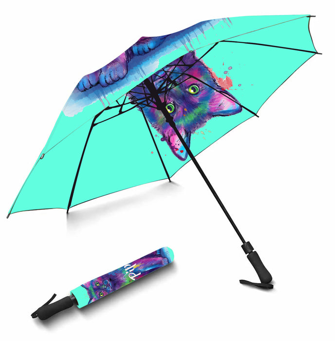 Custom Pet Name Personalized Watercolor Black CatSemi-Automatic Foldable Umbrella