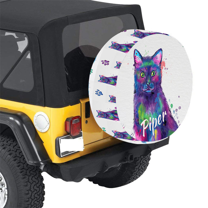 Custom Pet Name Personalized Watercolor Black Cat Car Tire Cover