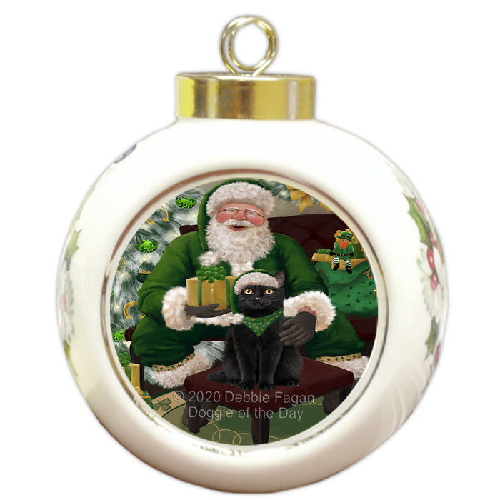 Christmas Irish Santa with Gift and Black Cat Round Ball Christmas Ornament RBPOR57906