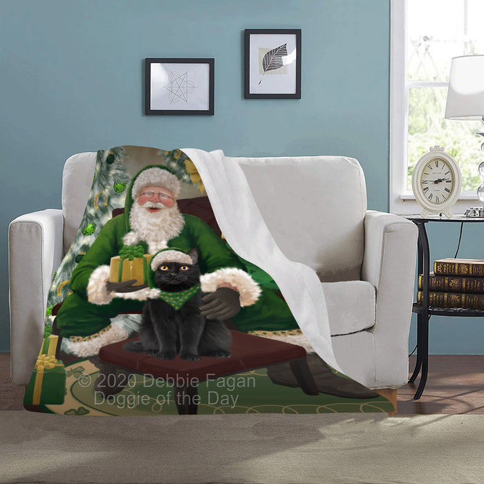 Christmas Irish Santa with Gift and Black Cat Blanket BLNKT141238