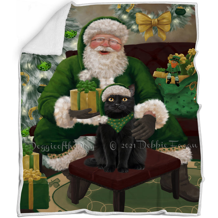 Christmas Irish Santa with Gift and Black Cat Blanket BLNKT141238