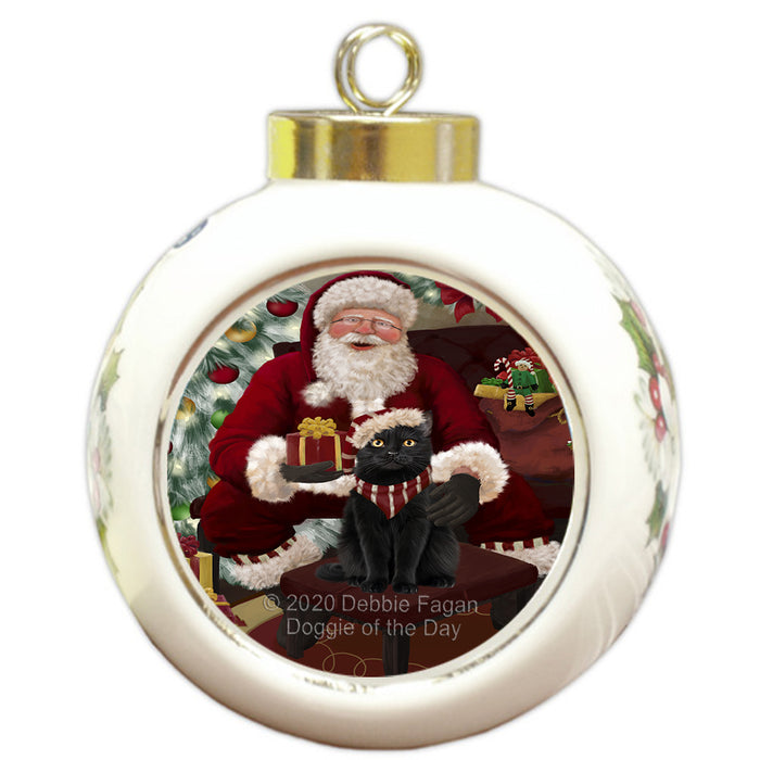 Santa's Christmas Surprise Black Cat Round Ball Christmas Ornament RBPOR58004