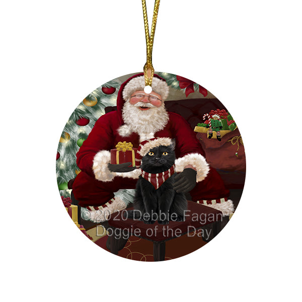 Santa's Christmas Surprise Black Cat Round Flat Christmas Ornament RFPOR58004