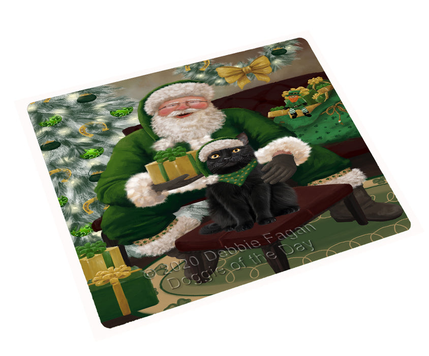 Christmas Irish Santa with Gift and Black Cat Cutting Board - Easy Grip Non-Slip Dishwasher Safe Chopping Board Vegetables C78271
