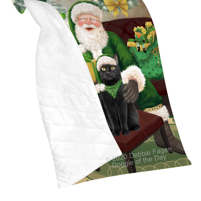 Christmas Irish Santa with Gift and Black Cat Quilt Bed Coverlet Bedspread - Pets Comforter Unique One-side Animal Printing - Soft Lightweight Durable Washable Polyester Quilt