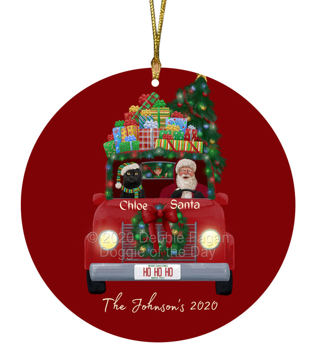 Personalized Christmas Honk Honk Red Truck Here Comes with Santa and Black Cat Round Flat Ornament PRBPOR59056