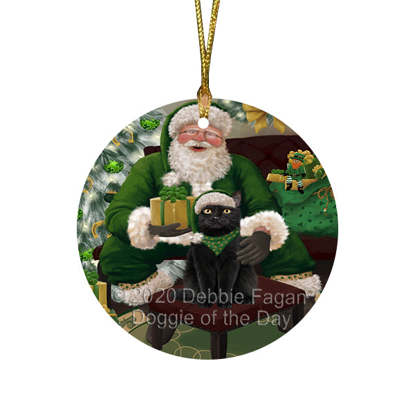 Christmas Irish Santa with Gift and Black Cat Round Flat Christmas Ornament RFPOR57906